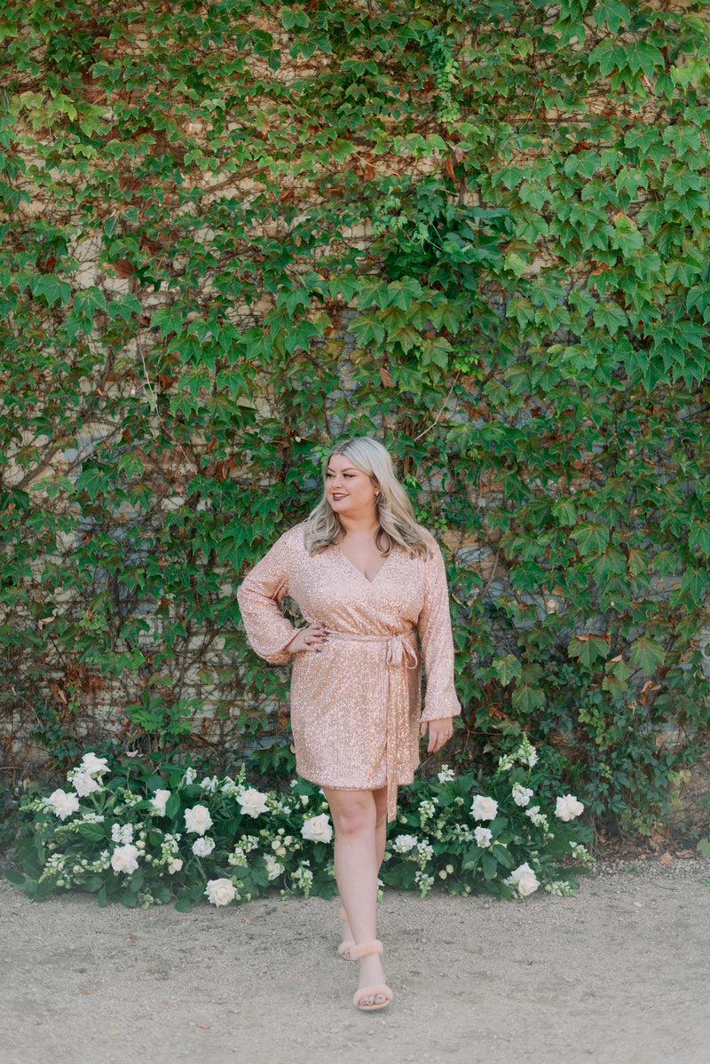 Ash - Metallic Sequin Wrap Mini Dress (Plus) The Little Bride Dress Company Ash - Metallic Sequin Wrap Mini Dress (Plus) The Little Bride Dress Company