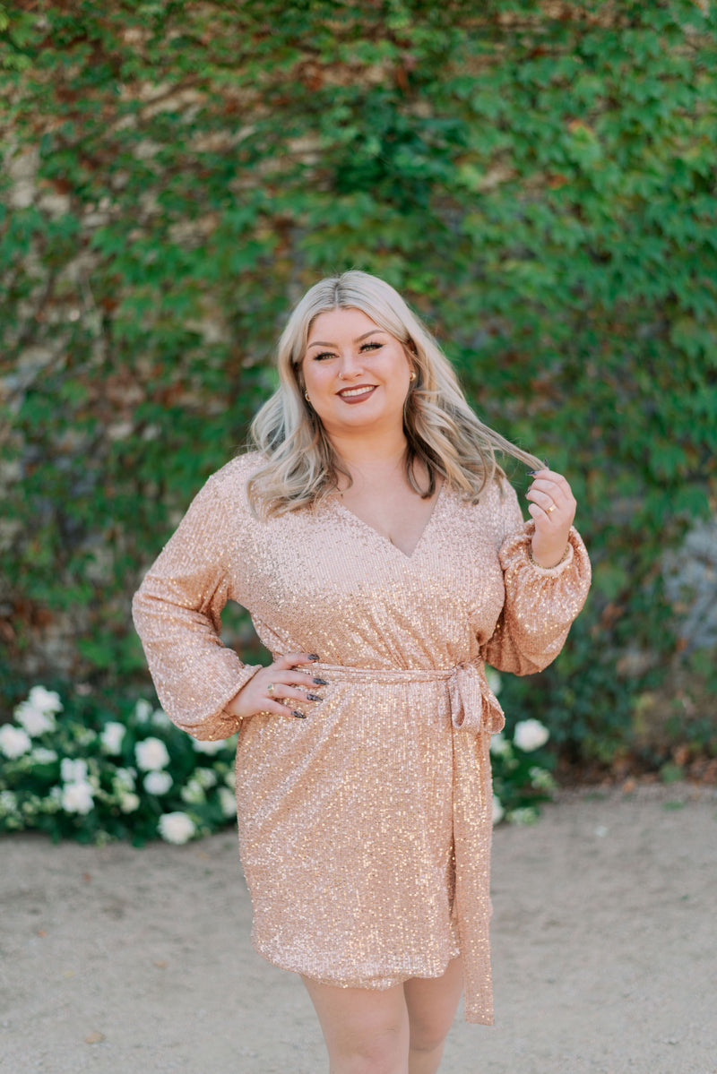 Ash - Metallic Sequin Wrap Mini Dress (Plus) The Little Bride Dress Company Ash - Metallic Sequin Wrap Mini Dress (Plus) The Little Bride Dress Company